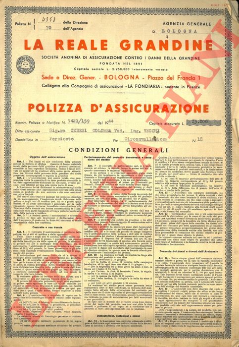 - - La Reale Grandine. Polizza d'Assicurazione.