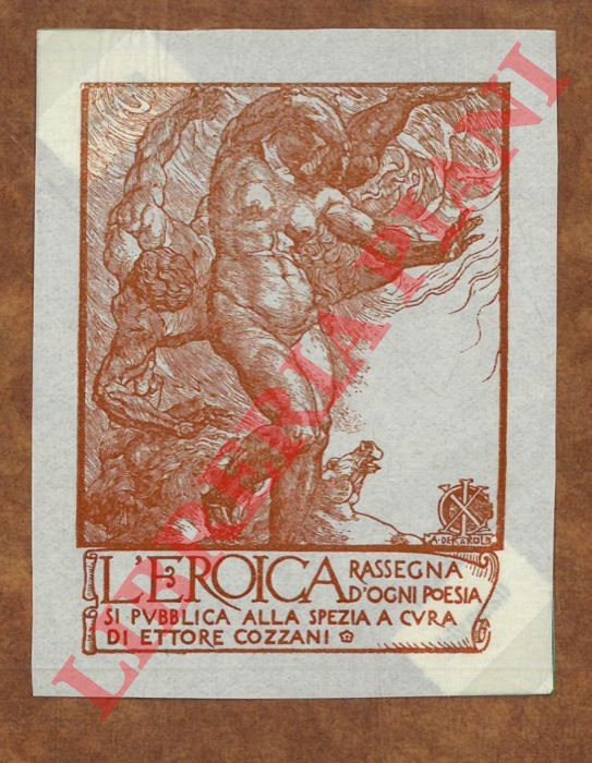 DE KAROLIS Adolfo - - Un foglietto xilografico per L'Eroica .. di Ettore Cozzani, cm. 8,2 x 7,0.