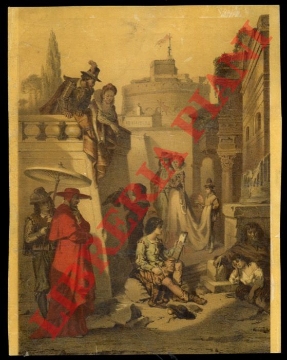 - - Oleografia romana secentesca : pittore in strada osservato da cardinale e popolani.