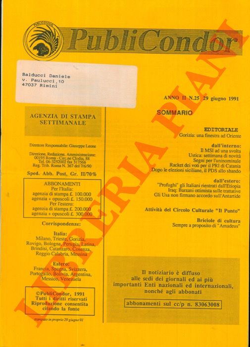 - - PubliCondor. Agenzia di stampa settimanale.