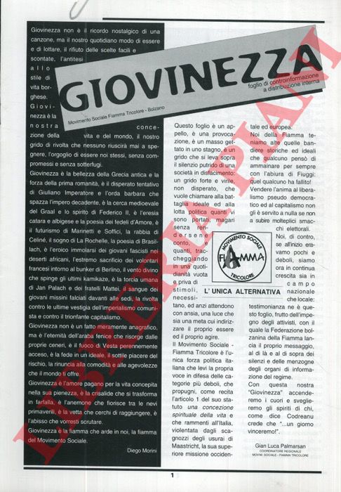 - - Giovinezza. Foglio di controinformazione a distribuzione interna.
