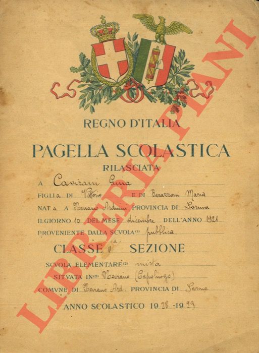 Scuola elementare mista. - Pagella scolastica 1928/29