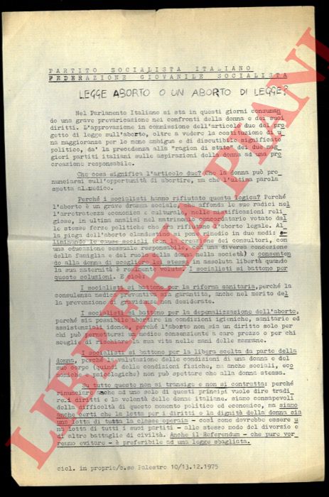 PSI - Federazione Giovanile Socialista - - Legge aborto o un aborto di legge ?