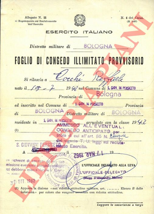 - - Foglio di congedo illimitato provvisorio (Art. 85/5 : studente univsersitario).