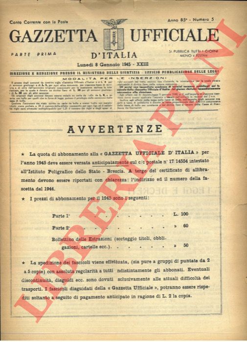 - - Gazzetta Ufficiale. Anno 85 Numero 5.