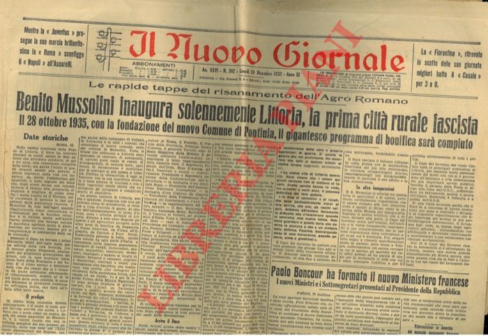 - - Benito Mussolini inaugura solennemente Littoria, la prima citt rurale fascista. Il 28 ottobre 1935 con la fondazione del nuovo Comune di Pontinia, il gigantesco programma di bonifica sar compilato.