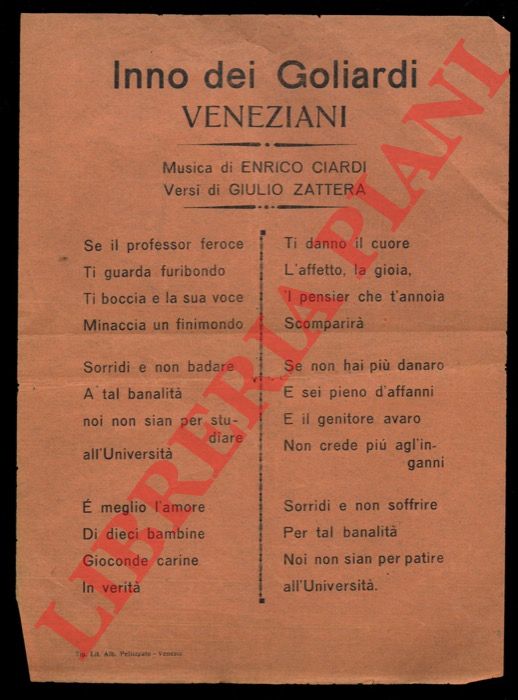- - Inno dei Goliardi veneziani. Musica di Enrico Ciardi. Versi di Giulio Zattera.