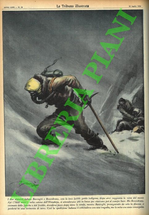 PISANI Vittorio - - I due alpinisti italiani Barenghi e Rosenkranz, con la loro fedele guida indigena, dopo aver raggiunta la vetta del monte Api (7 mila metri) nella catena dell' Himalaya, si attendavano pi in basso per tornare poi al campo base. Ma Rosenkranz stremato dalle fatiche e dal freddo, decedeva poco dopo sotto la tenda, mentre Barenghi, proseguendo da solo la discesa, si perdeva in una tormenta di neve. Cos