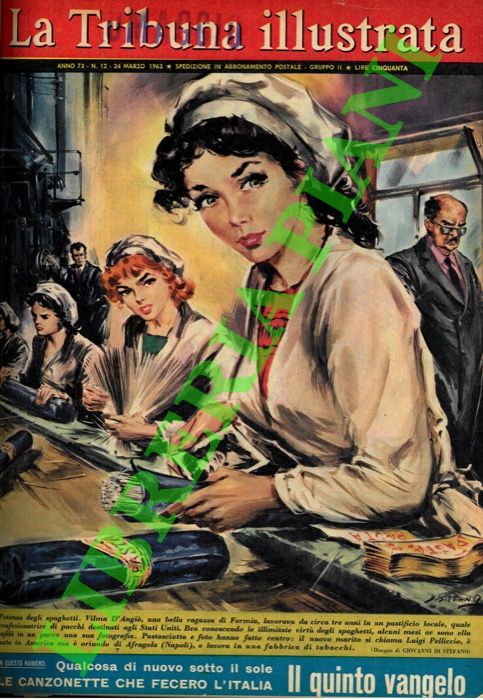 DI STEFANO Giovanni - - Potenza degli spaghetti. Vilma D'Angi, una bella ragazza di Formia, lavorava da circa tre anni in un pastificio locale, quale confezionatrice di pacchi destinati agli Stati Uniti. Ben conoscendo le illimitate virt degli spaghetti, alcuni mesi or sono ella infil in un pacco una sua fotografia. Pastasciutta e foto hanno fatto centro: il nuovo marito si chiama Luigi Pelliccio,  nato in America ma  oriundo di Afragola (Napoli), e lavora in una fabbrica di tabacchi.