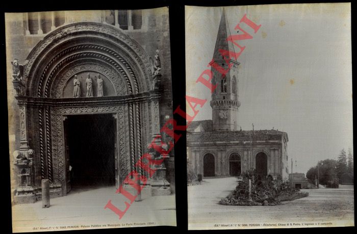 Alinari. Firenze - - Perugia.  Chiesa di S. Pietro = Chiesa dei Santi Andrea e Bernardino = Porta principale del Palazzo Pubblico  = Chiesa di S. Pietro.