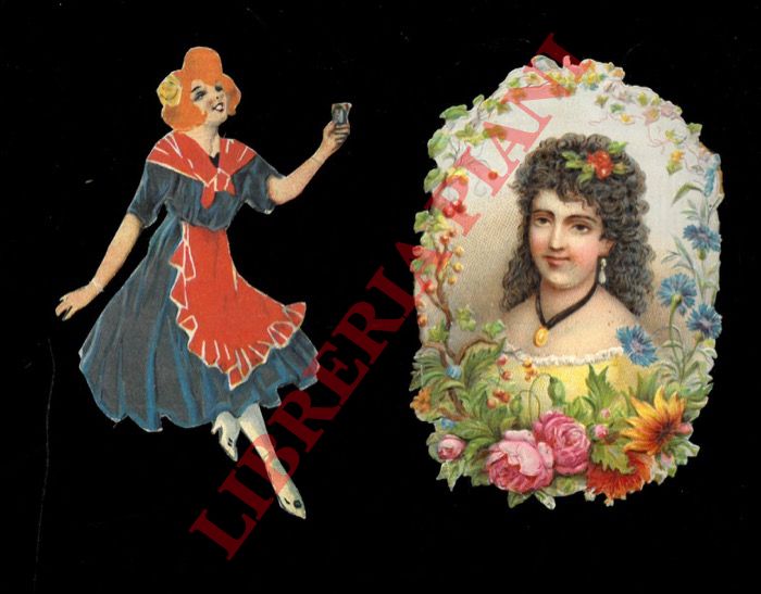 - - Volto di giovane donna, circondata da fiori.