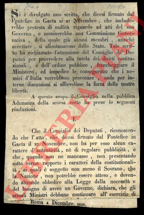Consiglio dei Deputati. Roma - - Si  divulgato uno scritto che dicesi firmato dal Pontefice in Gaeta ai 27 Novembre, che includerebbe protesta di nullit riguardo ad atti del suo Governo ...