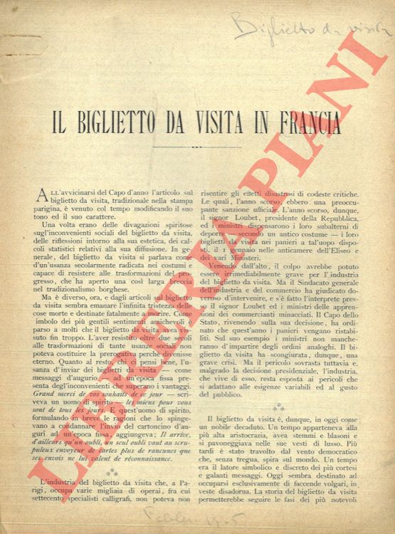 SCHISA Ludovico - - Il biglietto da visita in Francia.