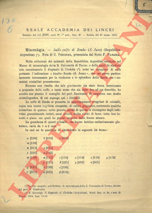 PERRIER C. - - Sullo zolfo di Zonda (S. Juan)n Repubblica Argentina.