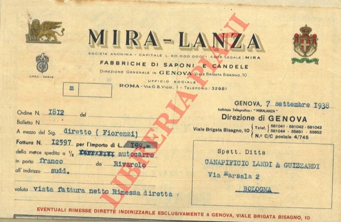 - - Fatture, Carte intestate di : Mira-Lanza, Genova; N. Secco, Milano. Mobili; Banca d'America e d'Italia, Bologna.
