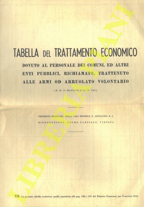 - - Tabella del trattamento economico dovuto al personale dei Comuni, .. richiamato, trattenuto alle armi od arruolato volontario. Qualifiche, gradi militari e stati di famiglia.