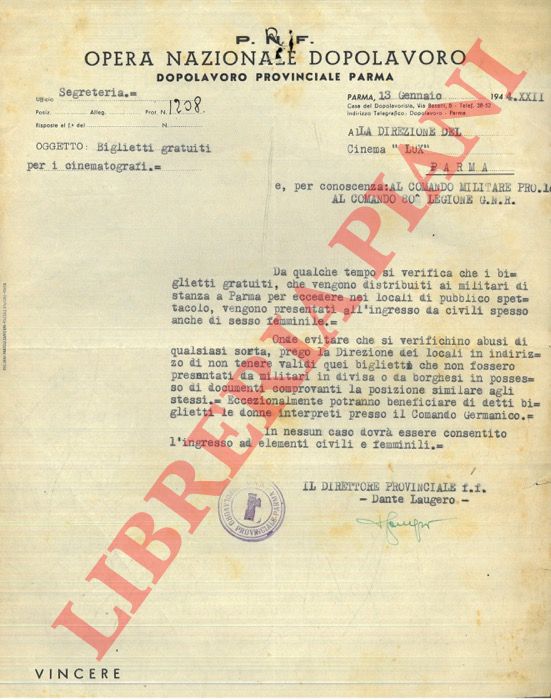PNF - Opera Nazionale Dopolavoro. Parma - - Biglietti cinematografi gratuiti per militari in divisa ceduti a civili 