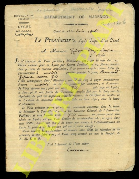Departement de Marengo. Instruction Publique. Lyce de Casal - - A Bernardo Fissore di Bra. Istruzioni per l'Ammissione Scolastica.