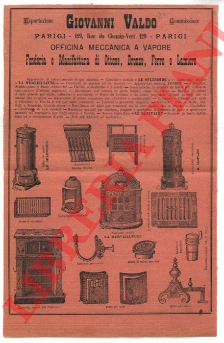 Giovanni Valdo. Parigi - - Fonderia e Manifattura d'Ottone, Bronzo, Ferro e Lamiere. Officina Meccanica a Vapore. Apparecchi inodori di tutti i sistemi (lavandini, vasche, WC)