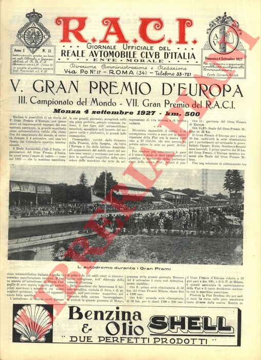 - - RACI. 1927. Organo ufficiale del Reale Automobile Club d'Italia.