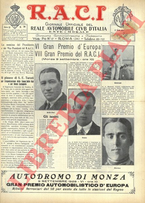 - - RACI. 1928. Organo ufficiale del Reale Automobile Club d'Italia.
