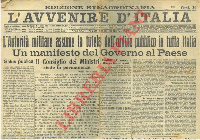 - - Proclamazione dello stato d'assedio. L'autorit militare assume la tutela dell'ordine pubblico in tutta Italia.