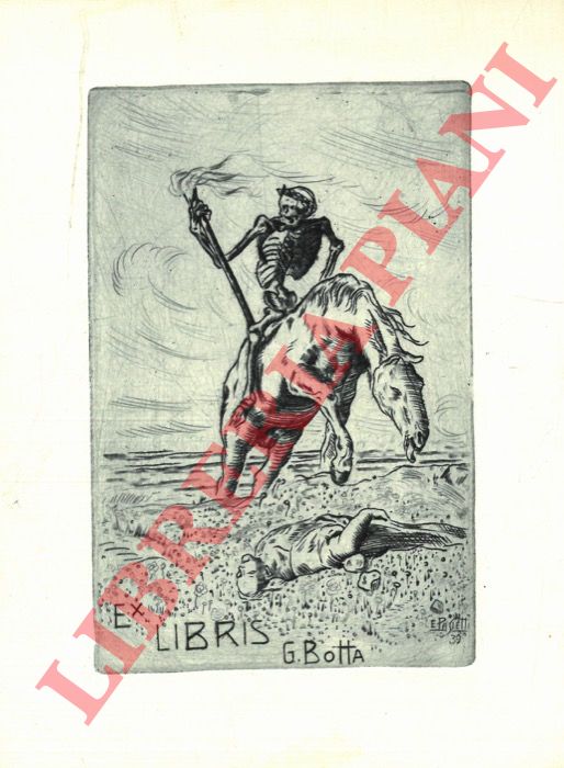 PASINETTI Evaristo - - Un bel foglietto calcografico, 1939, per G. Botta, di cm. 14,5 x 8,0 alla battuta. (La morte a cavallo)