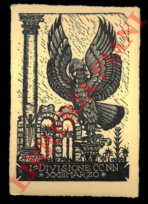 Bruno da Osimo. - Una cartolina xilografica, in cartoncino, originale, firmata dall'A. e indirizzata a Giulio Bosisio, 1935, di cm. 14,5 x 10 : 