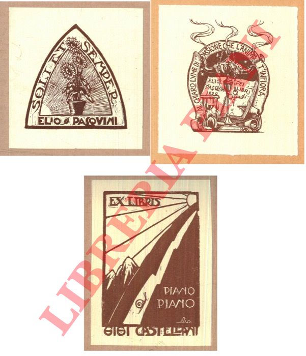 PASQUINI Elio. - Tre foglietti xilografici, non firmati, anni '30, di cm. 9,0 x 8,5 circa, in marron