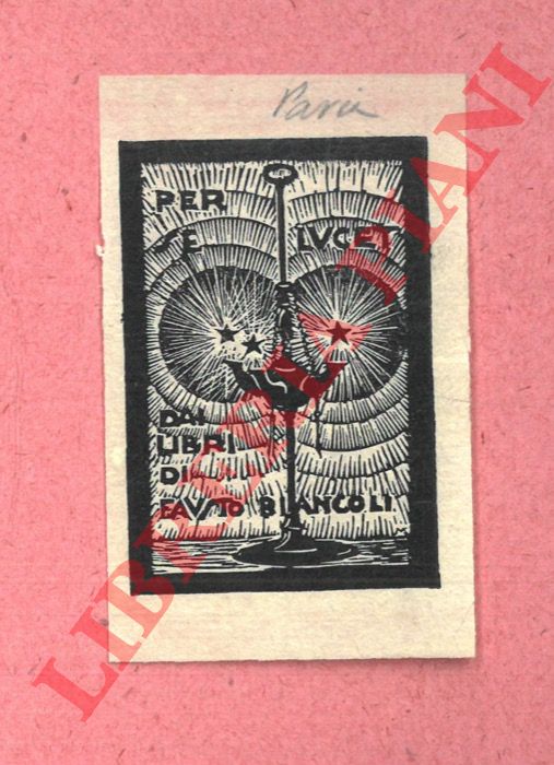 PAVIA - - Un foglietto xilografico, firmato, anni '30/'40, di cm. 7,5 x 5 circa. Per Fausto Biancoli.