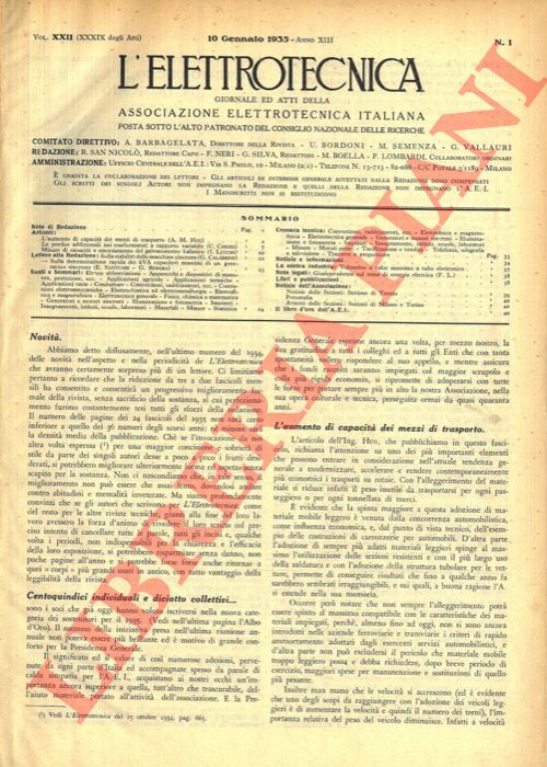 Associazione Elettrotecnica Italiana - - L'elettrotecnica. 1935. Giornale ed atti della Associazione Elettrotecnica Italiana.