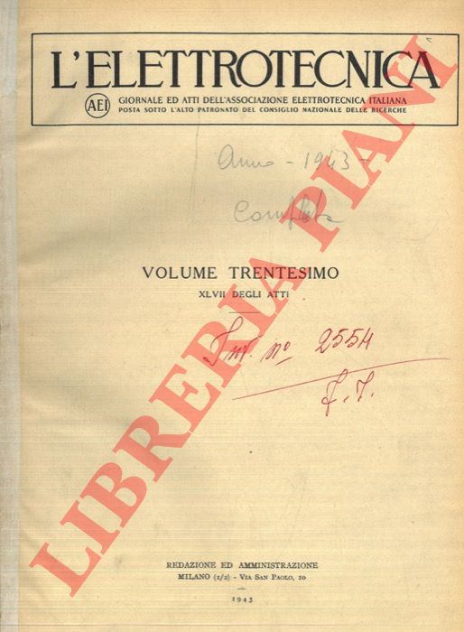 Associazione Elettrotecnica Italiana - - L'elettrotecnica. 1943. Giornale ed atti della Associazione Elettrotecnica Italiana.