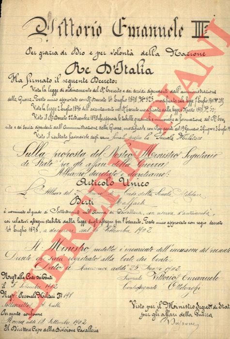 - - Un centinaio o poco meno, di documenti ufficiali, diplomi, certificati, lettere private, pubbliche, sentenze, premi, attestati, di un Generale di Cavalleria, bolognese e d'origine piemontese. Dalla 1a guerra mondiale alla 2a, alla RSI ove diresse un Tribunale di guerra che condann a morte cittadini toscani (di Vicchio). Le sue difese, e le sue partecipazioni politiche e civili nel dopoguerra. Molto interessante.