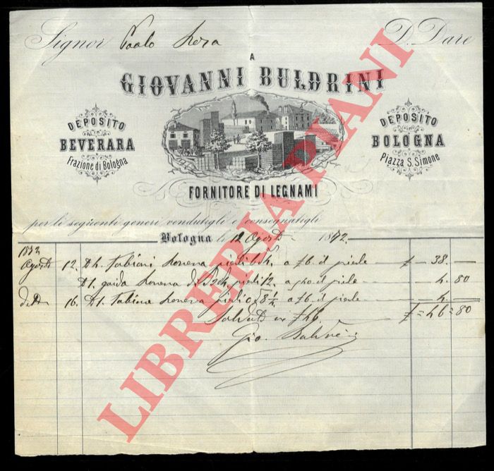 Giovanni Buldrini. Fornitore di legnami. Bologna. - Fattura con bellissima intestazione