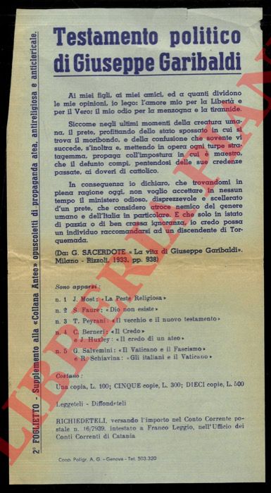 - - Testamento politico di Giuseppe Garibaldi.