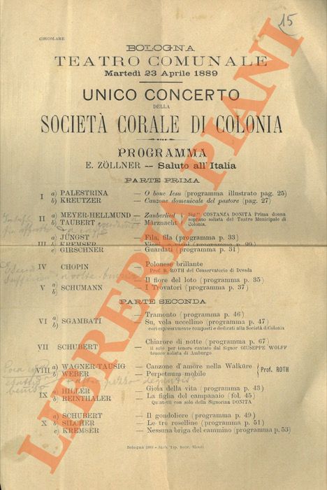 Teatro Comunale. Bologna - - Societ Corale di Colonia - Soc. Dante Alighieri :Concerto musica moderna da camera.