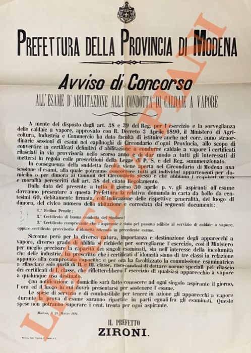 - - Avviso di concorso all'esame di abilitazione alla condotta di caldaie a vapore.