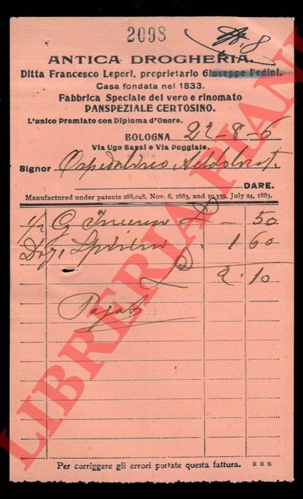 - - Antica Drogheria Ditta Francesco Lepori. Panspeziale Certosino. Bologna, via Ugo Bassi e via Poggiale.