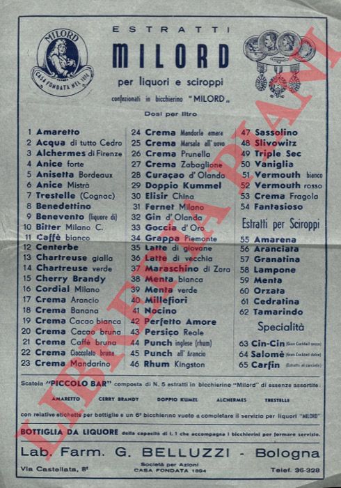 Labor. Farm. Belluzzi. Bologna - - Estratti per liquori e sciroppi Milord.
