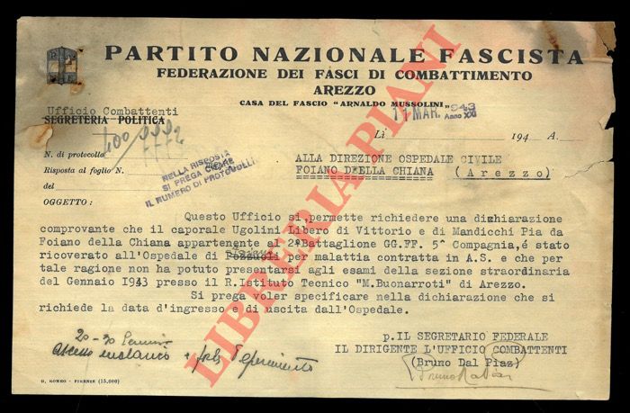 P.N.F. Federazione di Arezzo - - Richiesta di certificazione di permanenza all'Ospedale di Foiano per Ugolini Libero.