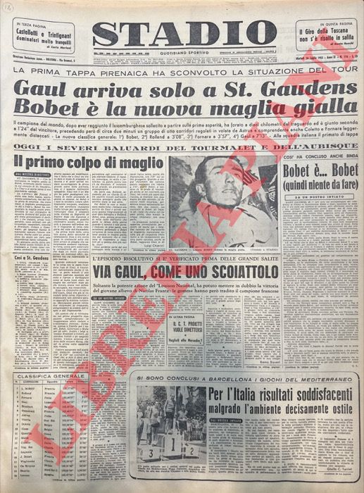 - - Gaul arriva solo a St. Gaudens. Bobet  la nuova maglia gialla. La prima tappa pirenaica ha sconvolto la situazione del tour.