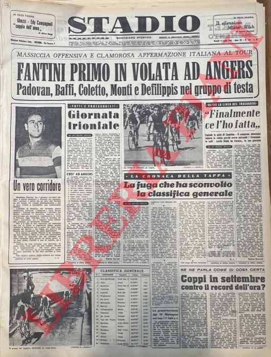 - - Fantini primo in volata ad Angers. Padovan, Baffi, Coletto, Monti e Defilippis nel gruppo di testa. Massiccia offensiva e clamorosa affermazione italiana al tour.