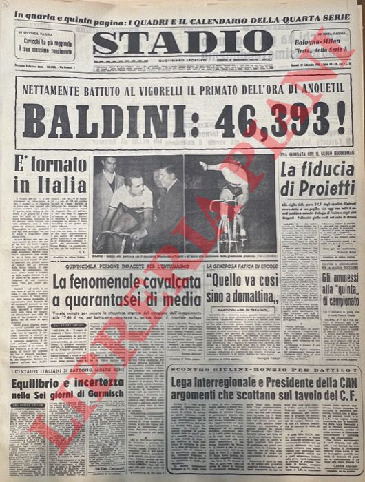 - - Nettamente battuto al Vigorelli il primato dell'ora di Anquetil. Baldini: 46,393!