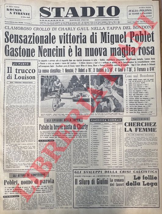 - - Sensazionale vittoria di Miguel Poblet. Gastone Nencini  la nuova maglia rosa. Clamoroso crollo di Charly Gaul nella tappa del Bondone.