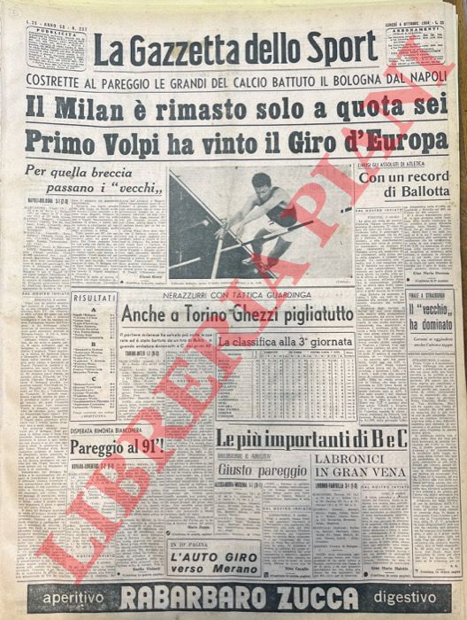 - - Il Milan  rimasto solo a quota sei. Primo Volpi ha vinto il Giro d'Europa. Costrette al pareggio le grandi del calcio battuto il Bologna dal Napoli.