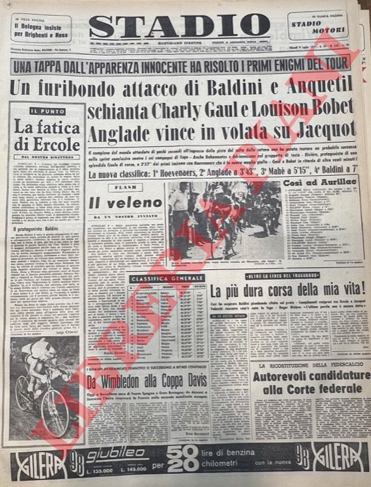 - - Un furibondo attacco di Baldini e Anquetil schianta Charly Gaul e Louison Bobet. Anglade vince in volata su Jacquot. Una tappa dall'apparenza innocente ha risolto i pimi enigmi del Tour.
