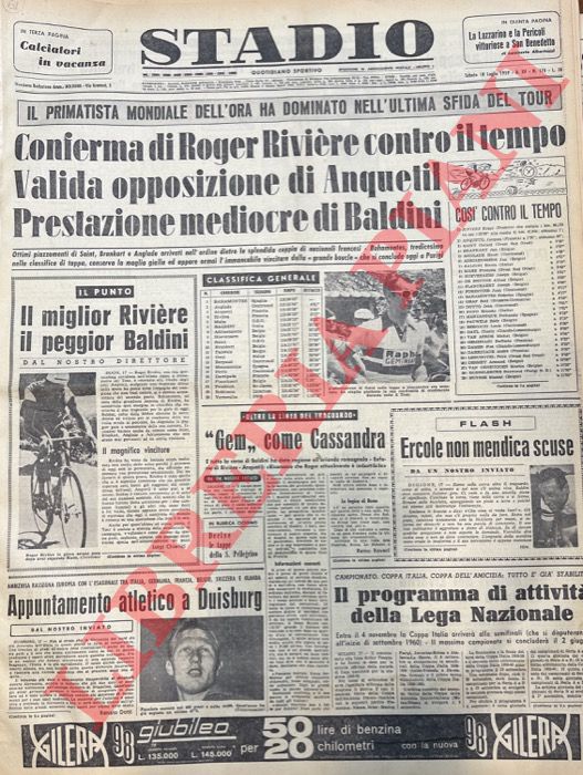 - - Conferma di Roger Rivire contro il tempo. Valida opposizione di Anquetil. Prestazione mediocre di Baldini. Il primatista mondiale dell'ora ha dominato nell'ultima sfida del Tour.