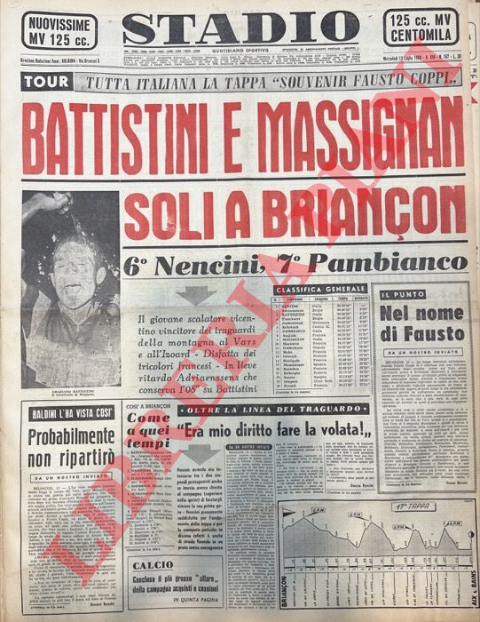 - - Battistini e Massignan soli a Brianon. Tutta italiana la tappa 'souvenir Fausto Coppi'.