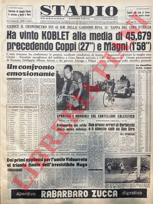 - - Clerici ha vinto il Giro d'Italia. Koblet al secondo posto e Coppi al quarto: tra i due grandi avversari il modesto e generoso Assirelli che ha saputo difendere la propria posizione di primo degli italiani.