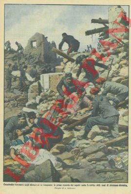 BELTRAME A. - - Il Re assiste al passaggio dei feriti tolti dalle rovine di Avezzano dopo il terremoto.